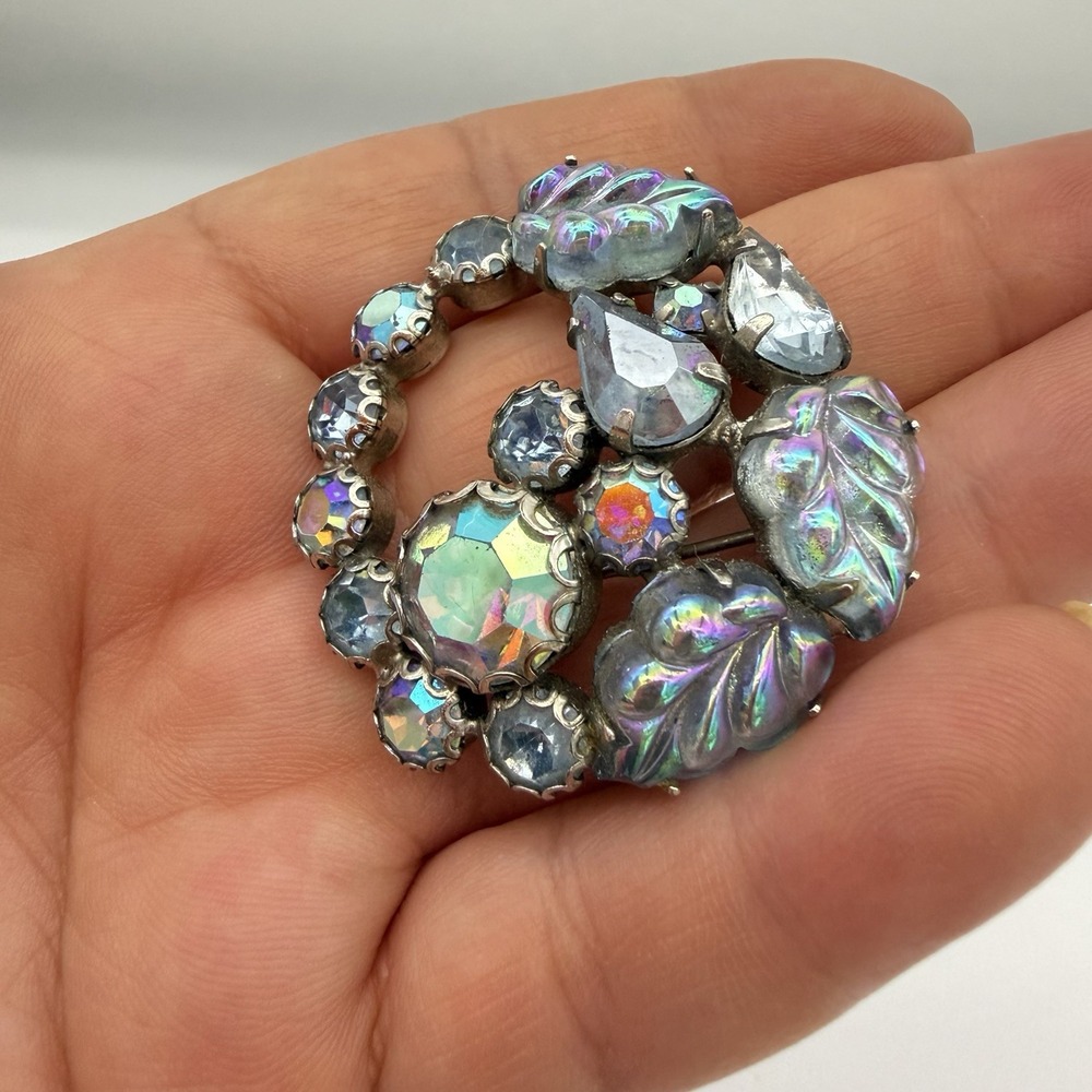 Vtg Weiss Molded Glass Cabochon Brooch Blue AB Rhinestones Leaf